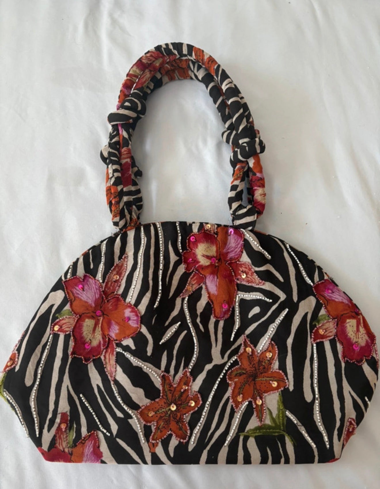 Vintage Zebra Floral Beaded Top Handle Bag